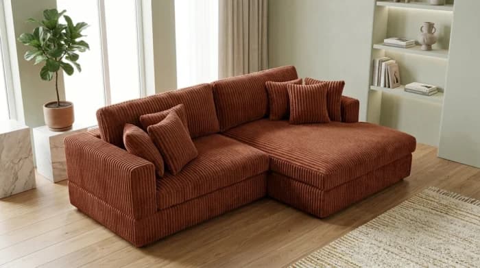 CANAPÉ D'ANGLE DROIT TISSU VELOURS CÔTELÉ - TERRACOTTA - Image 1