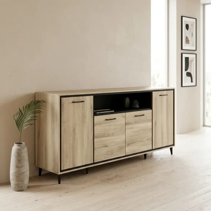 ENFILADE 4 PORTES + 1 NICHE AVEC LED - CHENE KRONGERG &amp; NOIR - Image 1