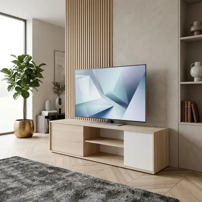 MEUVLE TV 1 PORTE COULISSANTE &amp; 1 PORTE CLASSIQUE - CHENE SONOMA &amp; BLANC - Image 1