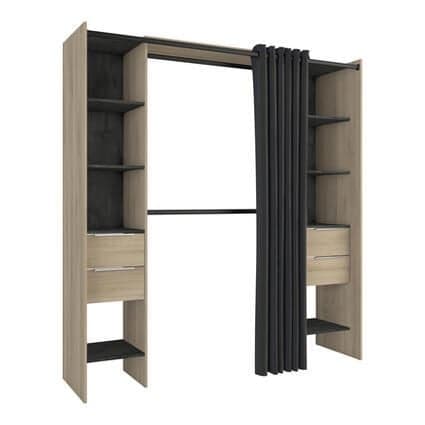 DRESSING 2 COLONNES + 2 PENDERIES + 4 TIROIRS ET RIDEAU - CHENE KRONBERG ET NOIR - Image 2