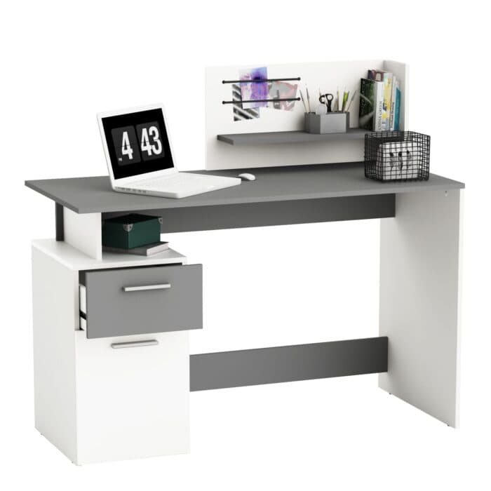BUREAU 1 PORTE ET 1 TIROIR - BLANC / GRIS - Image 2