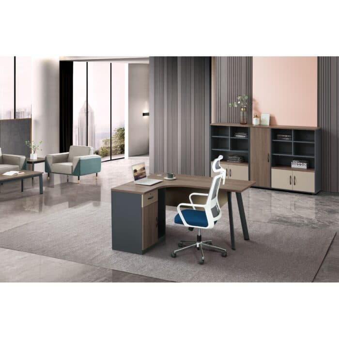 BUREAU D'ANGLE 1 TIROIR + 1 PORTE + CAISSON - BOIS ET GRIS - Image 2