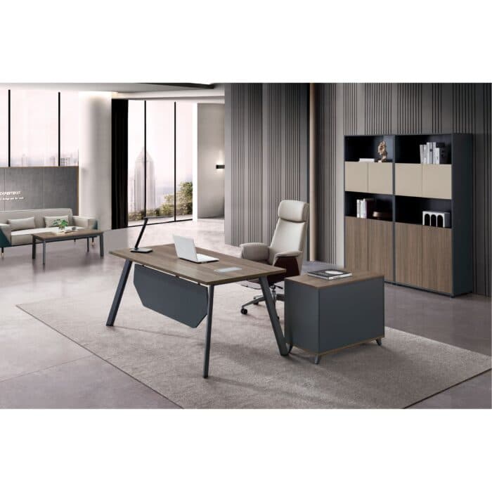 BUREAU AVEC CAISSON 1 PORTE + 1 TIROIR + 1 NICHE - GRIS ET TAUPE - Image 2