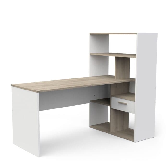 BUREAU ETAGERE 1 TIROIR - CHENE ET BLANC - Image 2