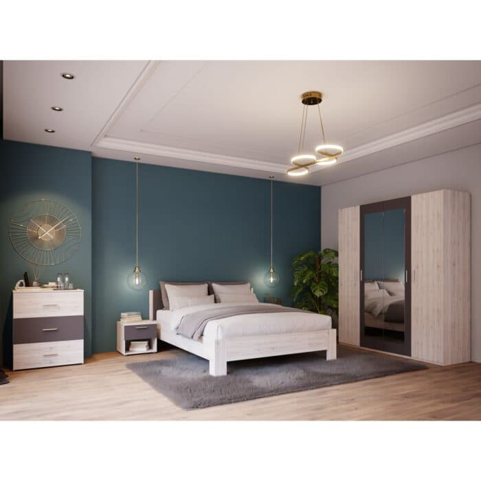 PACK LIT 160 X 200 + ARMOIRE 4 PORTES + 2 CHEVETS - CHÊNE - Image 2