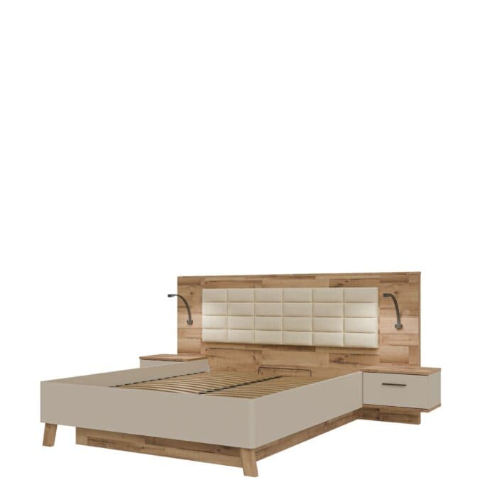 LIT COFFRE 160 X 200  CM AVEC SOMMIER ET DEUX CHEVETS + SOMMIER - CHÊNE ET BLANC - Image 2