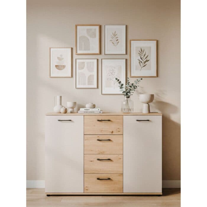 COMMODE 2 PORTES 4 TIROIRS - CHÊNE ARTISAN ET BEIGE - Image 2
