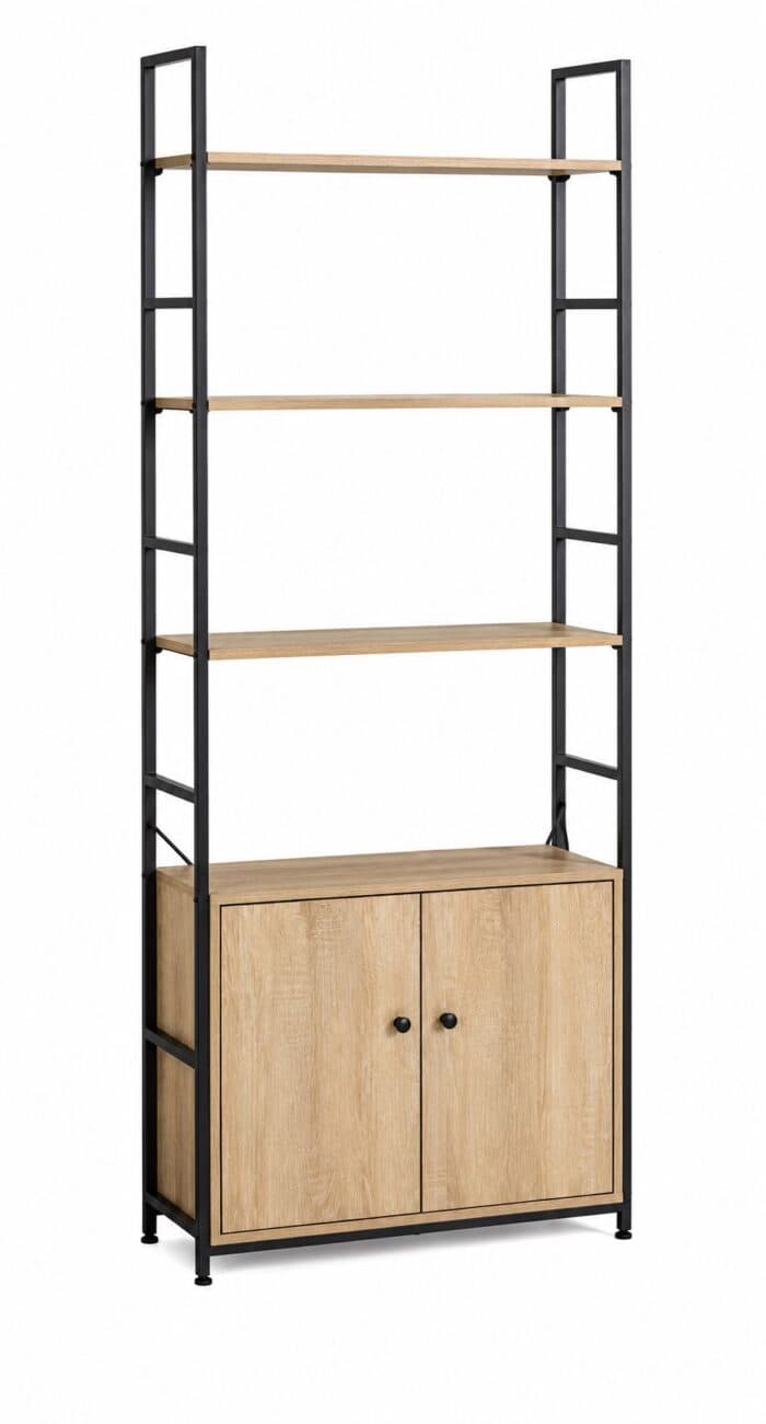 ÉTAGÈRE 4 TABLETTES 2 PORTES - CHÊNE ET MÉTAL NOIR - Image 2