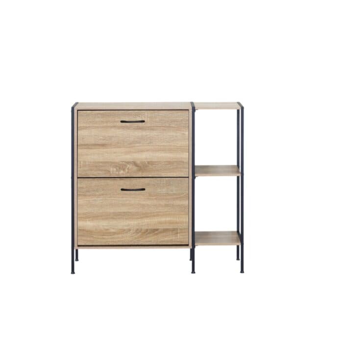 MEUBLE À CHAUSSURES 2 PORTES AVEC ÉTAGÈRES LATÉRALES - CHÊNE MODERN OAK ET MÉTAL NOIR - Image 2