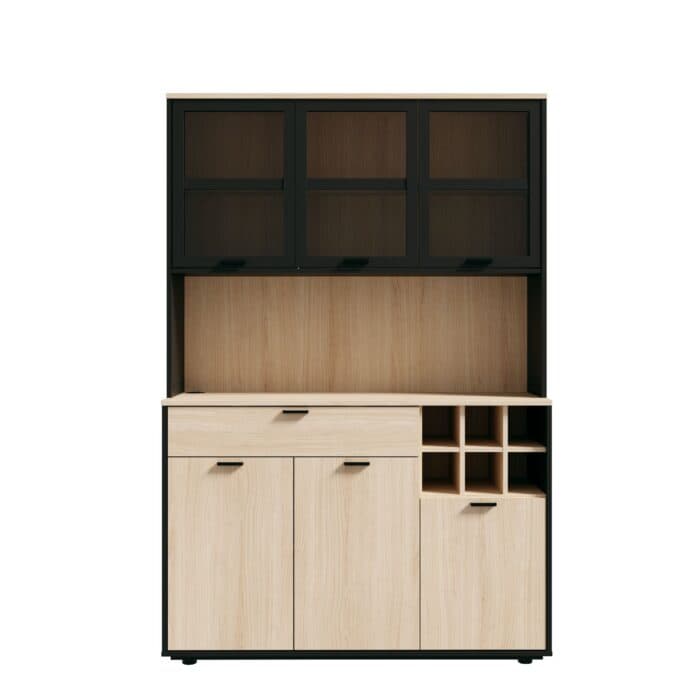 BUFFET 6 PORTES ( 3 VITRÉS ) + 1 TIROIR + 6 NICHES + LED - CHÊNE ET NOIR - Image 2
