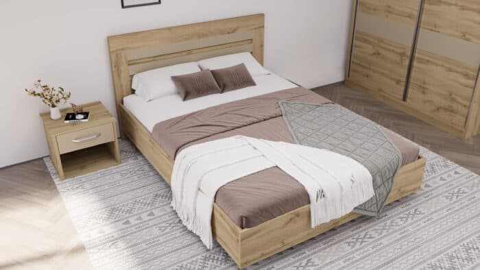 LIT 140 X 190 CM + SOMMIER + ARMOIRE 2 PORTES COULISSANTES + 1 CHEVET - LATTE &amp; CHÊNE ( AVEC SOMMIER - Image 3
