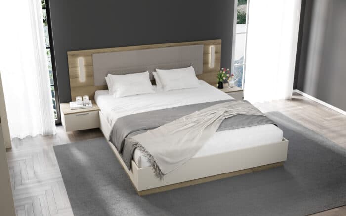 LIT 160 X 200 CM + SOMMIER + ARMOIRE 7 PORTES / 6T  IROIRS / 2 CHEVETS1T SUSPENDUS - CHENE &amp; BLANC - Image 5
