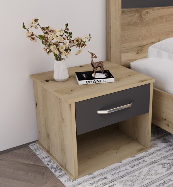 LIT 140 X 190 CM + SOMMIER + ARMOIRE 2 PORTES COULISSANTES + 1 CHEVET - ANTRACITE &amp; CHÊNE ( AVEC SOM - Image 3