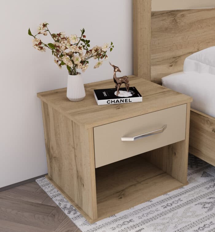 LIT 140 X 190 CM + SOMMIER + ARMOIRE 2 PORTES COULISSANTES + 1 CHEVET - LATTE &amp; CHÊNE ( AVEC SOMMIER - Image 4