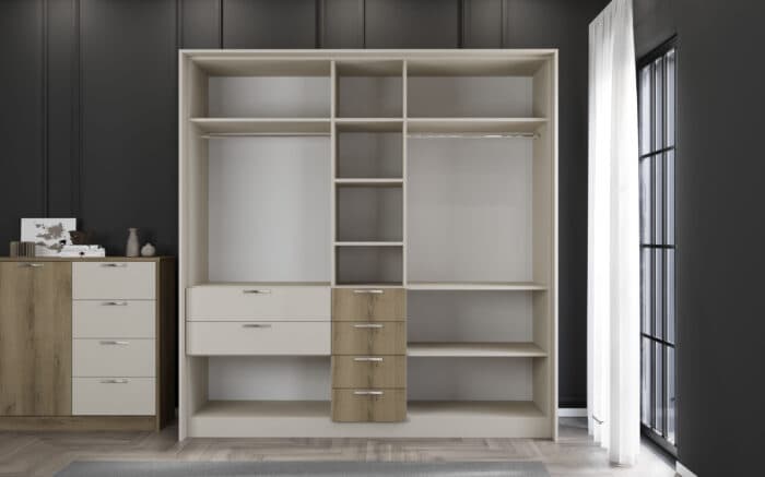 LIT 160 X 200 CM + SOMMIER + ARMOIRE 7 PORTES / 6T  IROIRS / 2 CHEVETS1T SUSPENDUS - CHENE &amp; BLANC - Image 3