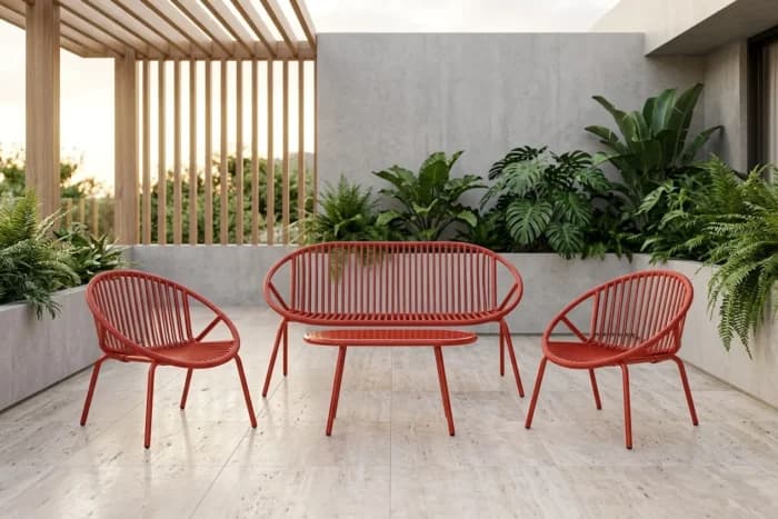 CANAPÉ 2 PLACES + 2 FAUTEUILS + TABLE BASSE EN POLYPROPYLÈNE - ROUGE - Image 1