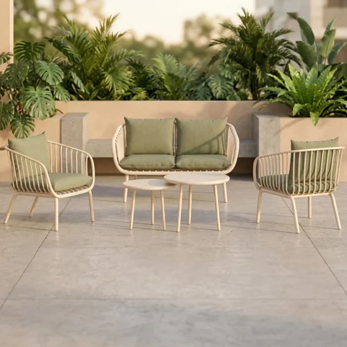 CANAPÉ 2 PLACES + 2 FAUTEUILS + 2 TABLES BASSES EN POLYPROPYLÈNE - BLANC ET VERT - Image 1