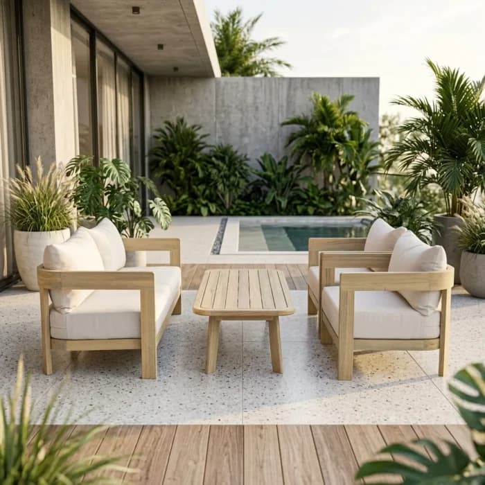 SALON DE JARDIN CANAPÉ 2 PLACES + 2 FAUTEUILS + TABLE BASSE- NATUREL - Image 1