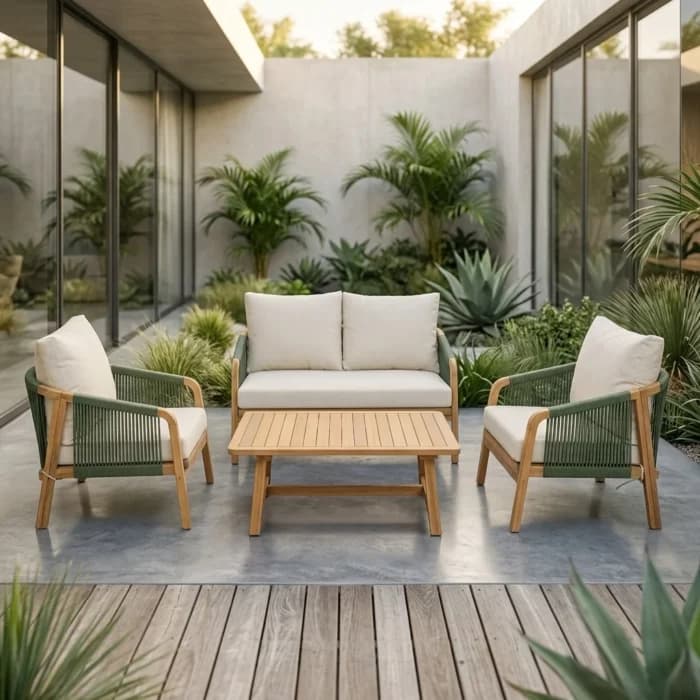 SALON DE JARDIN CANAPÉ 2 PLACES + 2 FAUTEUILS + TABLE BASSE- NATUREL - Image 1