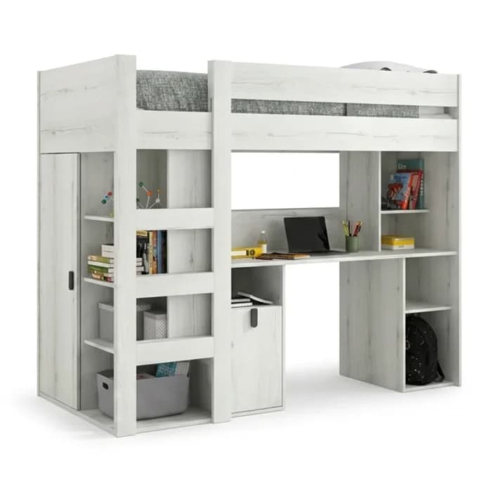 LIT MEZZANINE 90 X 200 CM + BUREAU &amp; ARMOIRE - CHÊNE - Image 1