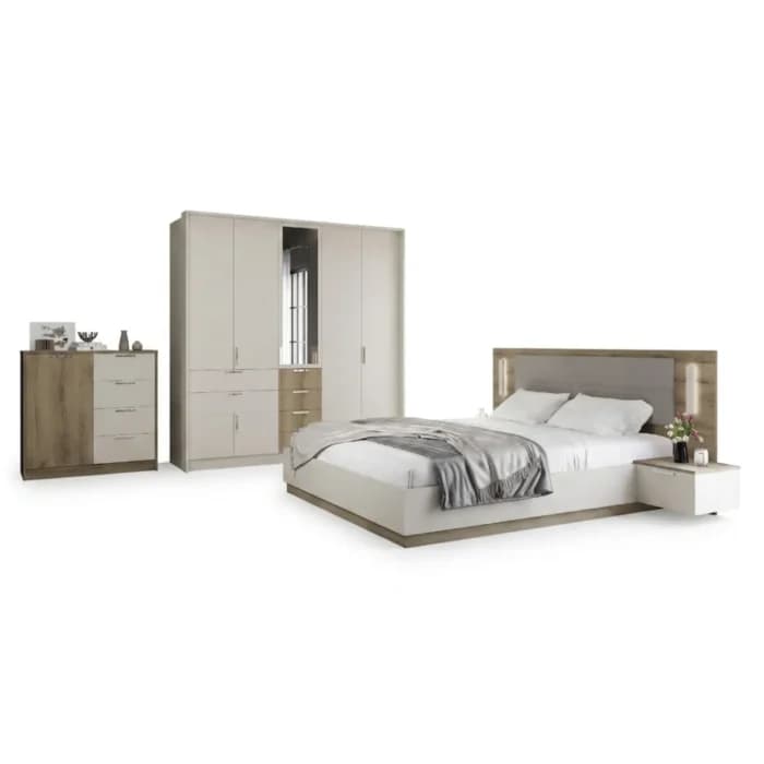 LIT 160 X 200 CM + SOMMIER + ARMOIRE 7 PORTES / 6T  IROIRS / 2 CHEVETS1T SUSPENDUS - CHENE &amp; BLANC - Image 1