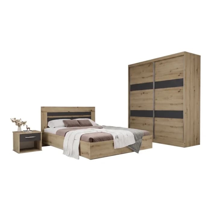 LIT 140 X 190 CM + SOMMIER + ARMOIRE 2 PORTES COULISSANTES + 1 CHEVET - ANTRACITE &amp; CHÊNE ( AVEC SOM - Image 1