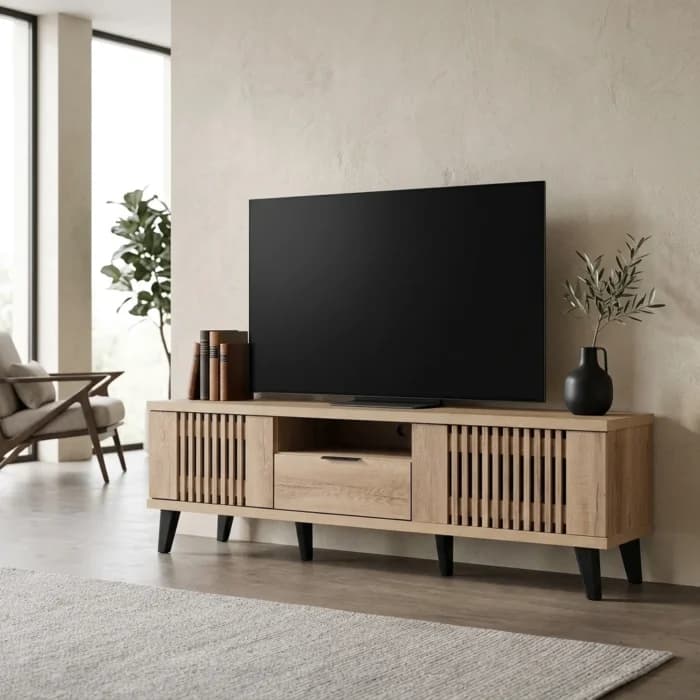 MEUBLE TV 2 PORTES + 1 TIROIR  + 1 NICHE - CHENE - Image 1