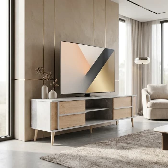 MEUBLE TV 2 PORTES / 2 NICHES - CHENE/GRIS - Image 1