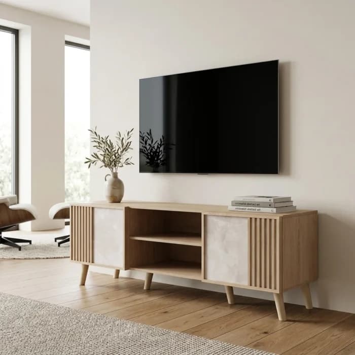 MEUBLE TV  2 PORTES +  2 NICHES - CHENE ET GRIS - Image 1