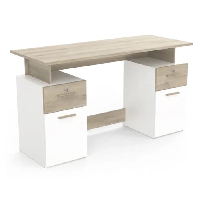 BUREAU 2 PORTES + 2 TIROIRS - BLANC ET CHÊNE - Image 1