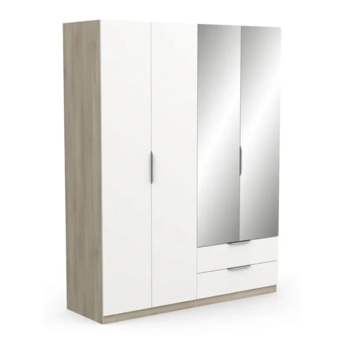 ARMOIRE 4 PORTES + 2 TIROIRS ET 2 MIROIRS - BLANC ET CHÊNE - Image 1