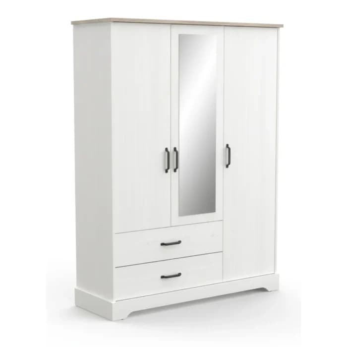 ARMOIRE 3 PORTES + 2 TIROIRS + 1 MIROIR - BLANC ET CHÊNE - Image 1
