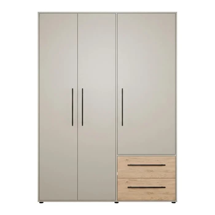 ARMOIRE 3 PORTES BATTANTES 2 TIROIRS PENDERIE TABLETTES POIGNÉES NOIRES - CHÊNE ET KAKI - Image 1