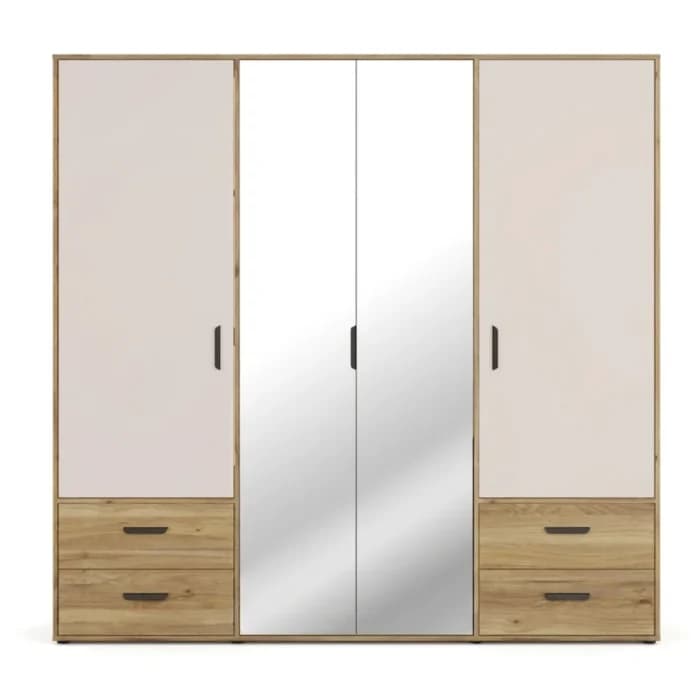 ARMOIRE 4 PORTES BATTANTES 2 MIROIRS 6 TIROIRS LARGE 206 CM PENDERIE TABLETTES - CHÊNE ET SABLE - Image 1