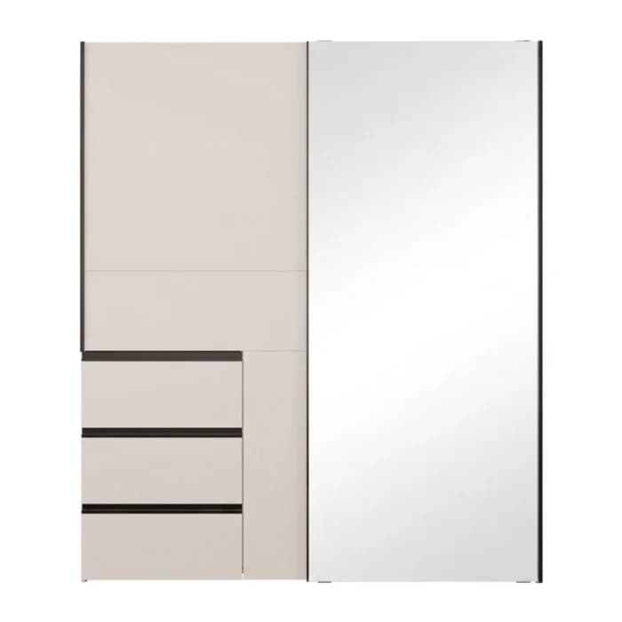 ARMOIRE 2 PORTES COULISSANTES DONT 1 MIROIR 3 TIROIRS DOUBLE PENDERIE 170 CM - SABLE ET KASHMIR - Image 1