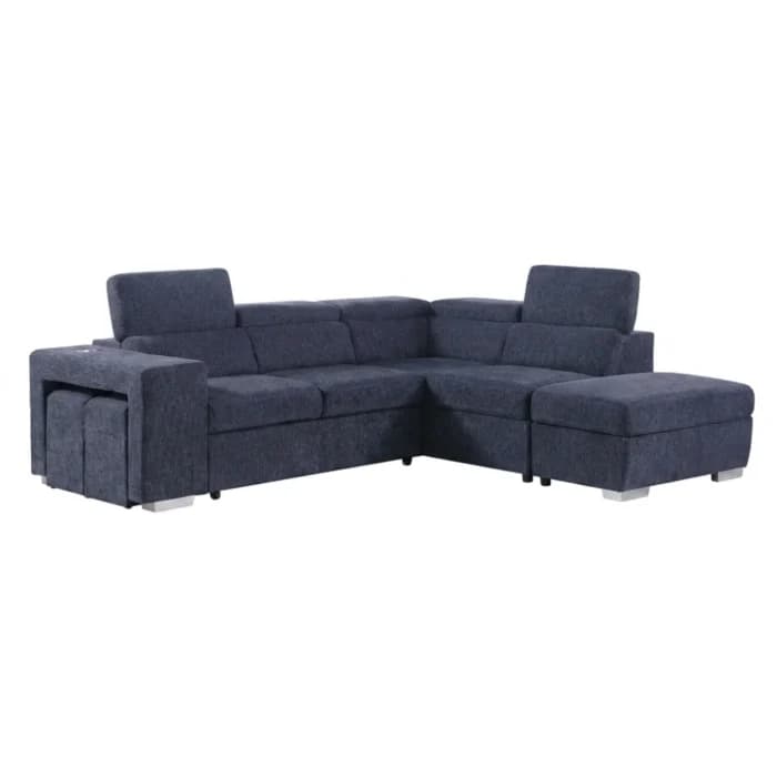 CANAPÉ D'ANGLE GAUCHE CONVERTIBLE &amp; COFFRE DE RANGEMENT + POUFS - BLEU - Image 1