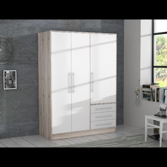 ARMOIRE 3 PORTES + 3 TIROIRS - CHÊNE ET BLANC - Image 2