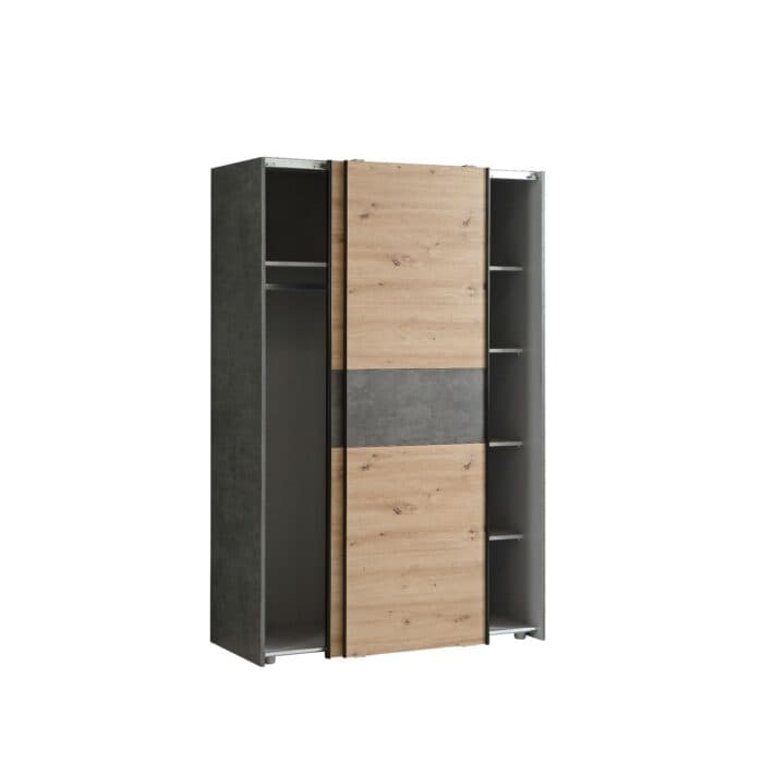 ARMOIRE 2 PORTES COULISSANTES 6 TABLETTES COMPACT STYLE RÉTRO - CHÊNE ET BÉTON GRIS - Image 2