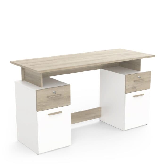 BUREAU 2 PORTES + 2 TIROIRS - BLANC ET CHÊNE - Image 2