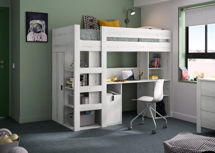 LIT MEZZANINE 90 X 200 CM + BUREAU &amp; ARMOIRE - CHÊNE - Image 2