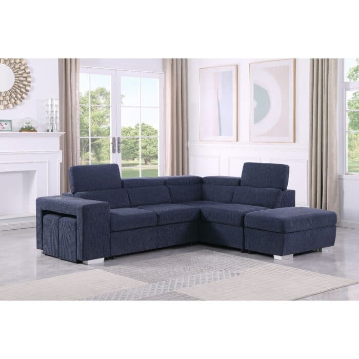 CANAPÉ D'ANGLE GAUCHE CONVERTIBLE &amp; COFFRE DE RANGEMENT + POUFS - BLEU - Image 2