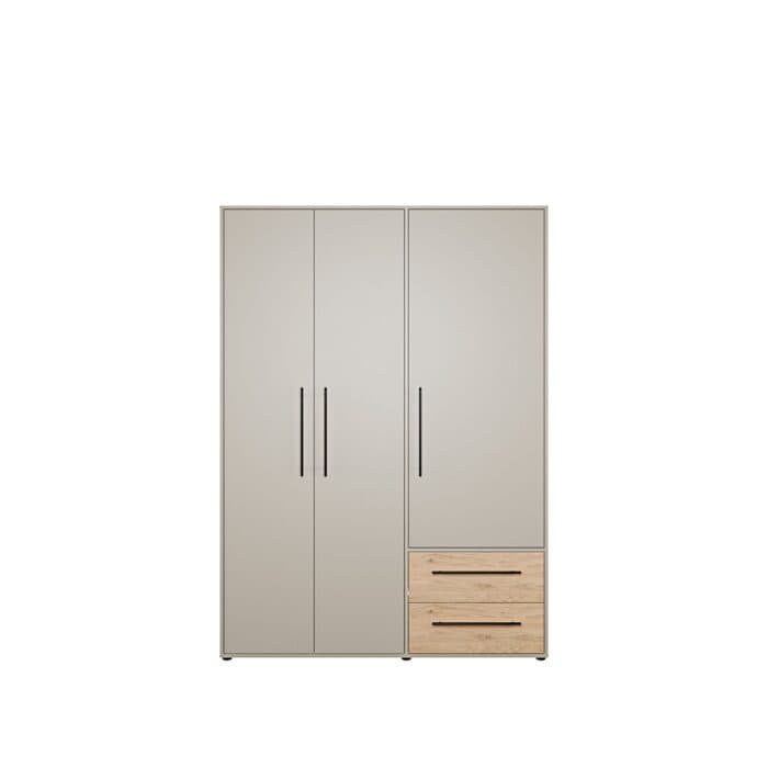 ARMOIRE 3 PORTES BATTANTES 2 TIROIRS PENDERIE TABLETTES POIGNÉES NOIRES - CHÊNE ET KAKI - Image 2