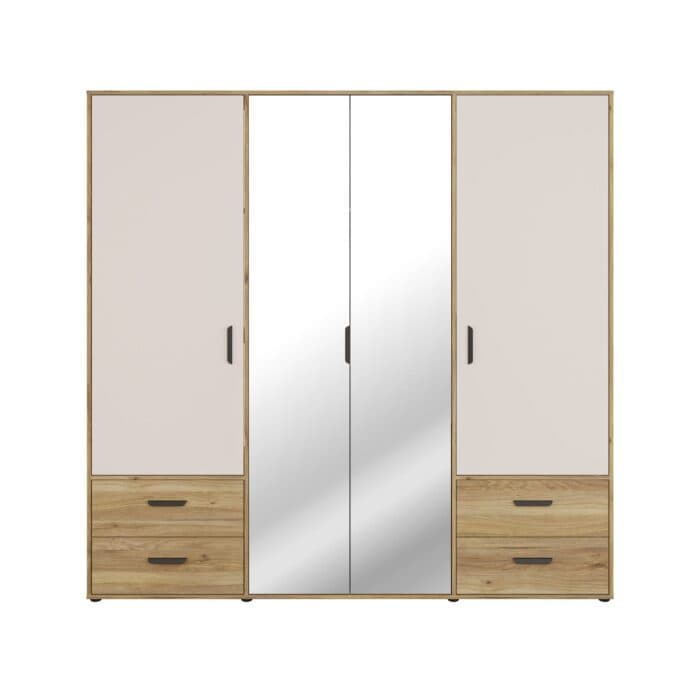 ARMOIRE 4 PORTES BATTANTES 2 MIROIRS 6 TIROIRS LARGE 206 CM PENDERIE TABLETTES - CHÊNE ET SABLE - Image 2