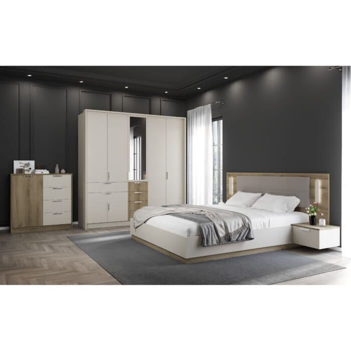 LIT 160 X 200 CM + SOMMIER + ARMOIRE 7 PORTES / 6T  IROIRS / 2 CHEVETS1T SUSPENDUS - CHENE &amp; BLANC - Image 2