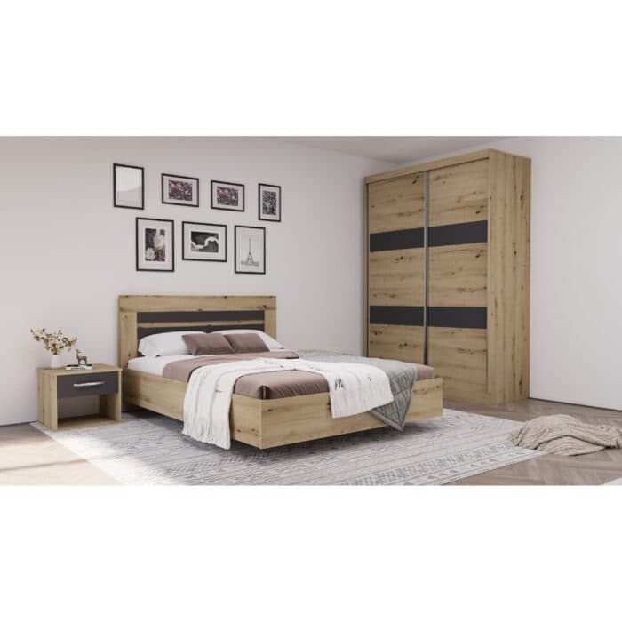 LIT 140 X 190 CM + SOMMIER + ARMOIRE 2 PORTES COULISSANTES + 1 CHEVET - ANTRACITE &amp; CHÊNE ( AVEC SOM - Image 2