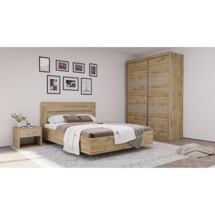 LIT 140 X 190 CM + SOMMIER + ARMOIRE 2 PORTES COULISSANTES + 1 CHEVET - LATTE &amp; CHÊNE ( AVEC SOMMIER - Image 2