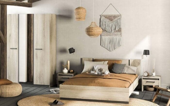 Lit 140 x 190 cm + armoire 3 portes + chevet - chêne & noir ( sans sommier et matelas ) - Image 1