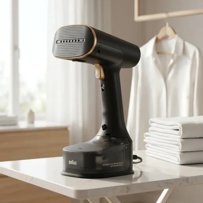 DÉFROISSEUR VAPEUR 1600 W VAPEUR VERTICALE RÉSULTAT PROFESSIONNEL - NOIR &amp; DORÉ - BRAUN - Image 1