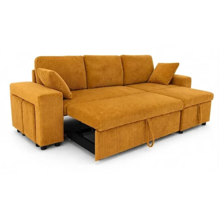 CANAPÉ D'ANGLE CONVERTIBLE &amp; RÉVERSIBLE + 2 POUFS - JAUNE - Image 1