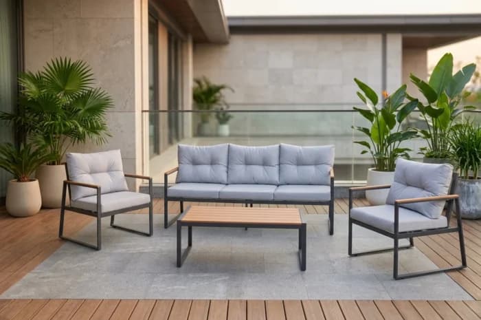 CANAPE 3 PLACES + 2 FAUTEUILS + TABLE BASSE - NOIR ET GRIS - Image 1